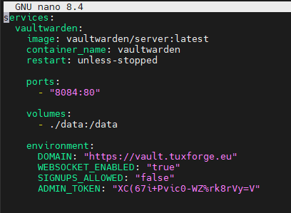 Fichier docker_compose.yml de Vaultwarden